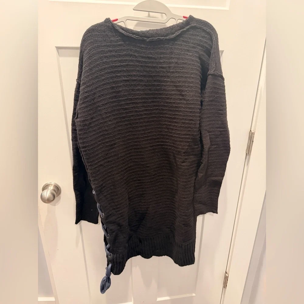 Free People Oversized Charcoal V Neck Lace Up Sweater Tunic S
